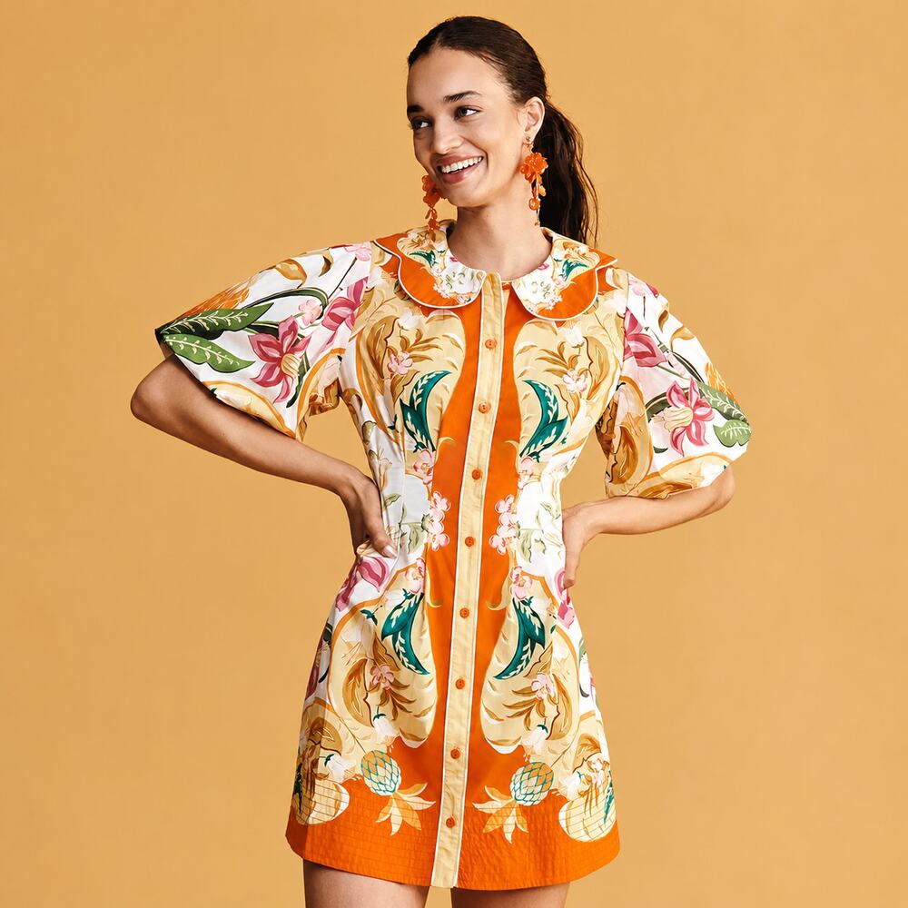 Farm Rio Anthropologie Mini Dress Cotton Puff Sleeve Button Front Floral Medium
